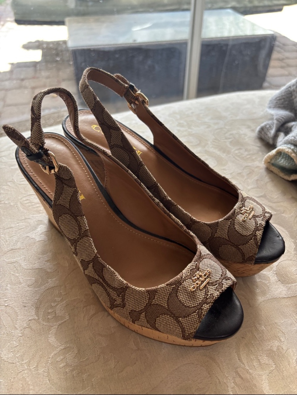 Coach Brown Logo Slingback Wedge Sandals with Cork Platform